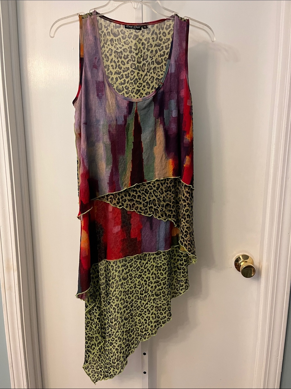 Layered Asymmetrical Tank Top in Multi-Color with Leopard Trim